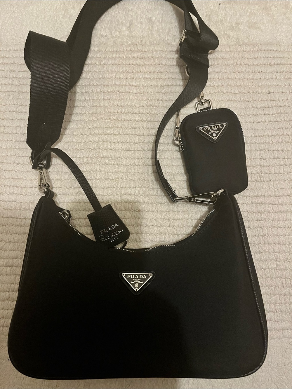 Inspired Black Nylon Shoulder Bag with Detachable Pouch